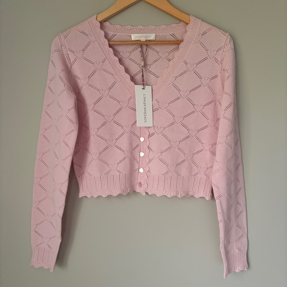 NWT LoveShackFancy Petra Knit Pointelle Heart Argyle Cardigan Velour Pink | S - Picture 5 of 11